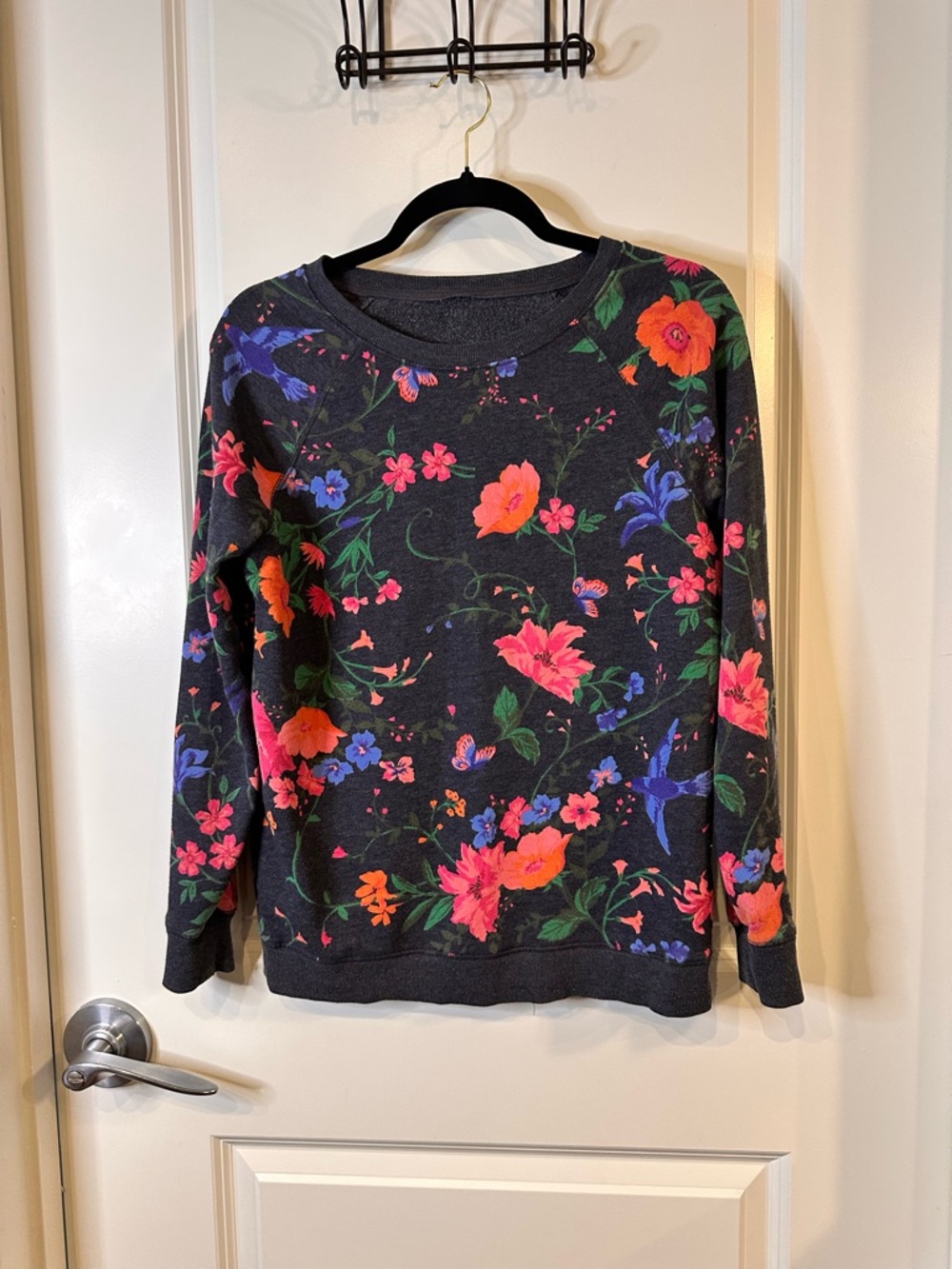 Whimsical Floral & Butterfly Graphic Raglan Sweatshirt - Charcoal/Pink - Size S